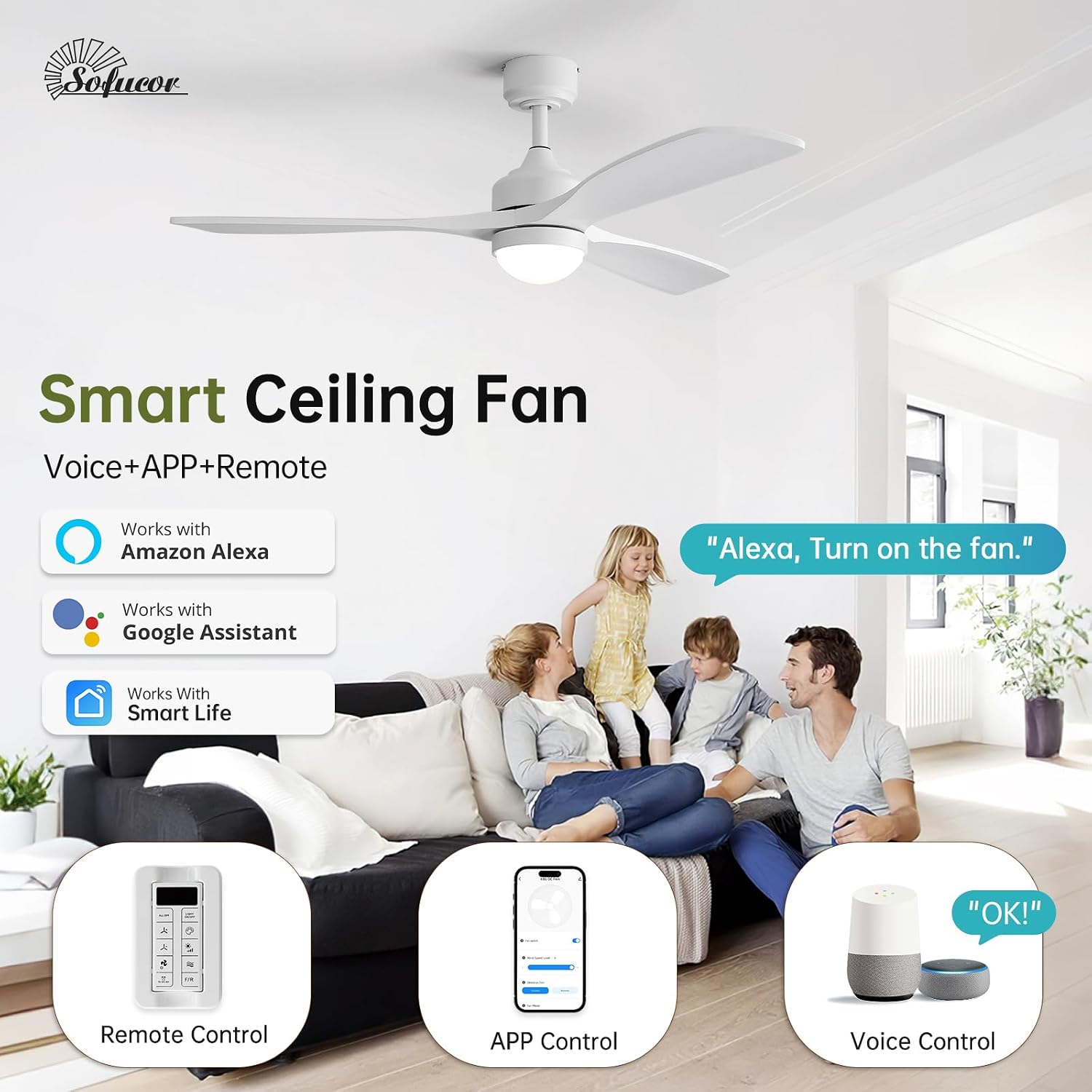 Sofucor 52" Smart Ceiling Fan with Lights and Remote Solid Wood image 2