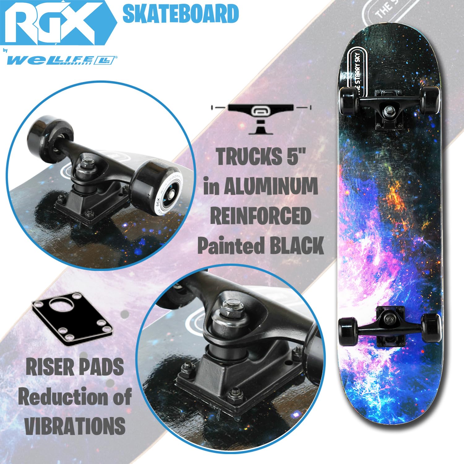 WeLLIFE Monopatín completo para principiantes – Serie RGX de madera de 80 x 20 cm, 9 capas de arce cóncavo Double Kick, rodamientos ABEC-7, dibujo sobre Grip Tape – Apto para niños, jóvenes y adultos