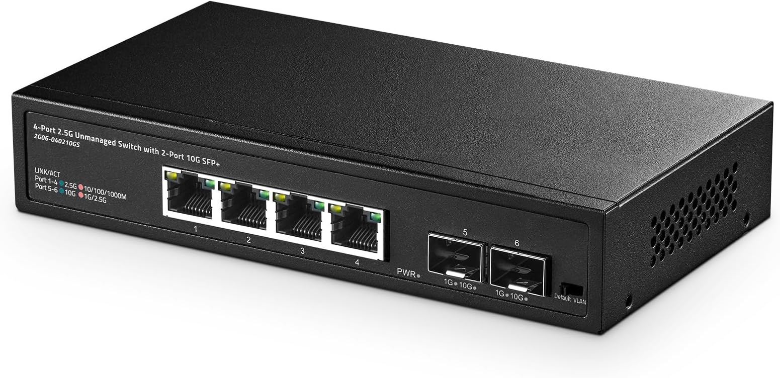 Binardat 4 Port 2.5G Switch with 2x10G SFP, 4 x 2.5 Gigabit RJ-45 Ethernet Ports, Support Vlan, Metal Unmanaged Multi-Gigabit Desktop Network Switch