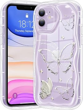 Compatible for iPhone 11 Case, Pretty Butterfly Print Three-Dimensional Wave Clear Case for Girls Women, Soft Full Package Anti-Fall Cover for iPhone 11, Silver Butterfly