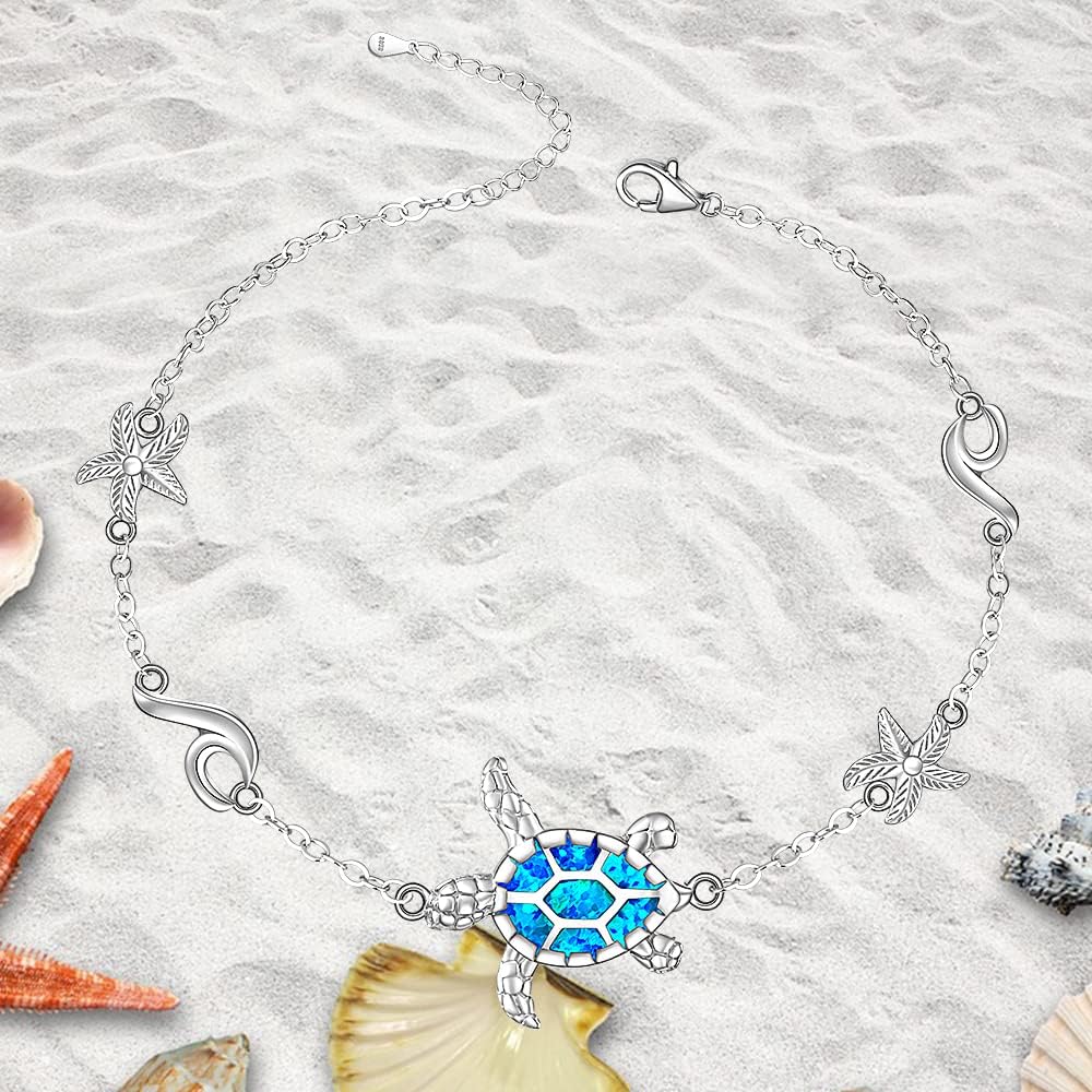 Turtle Anklet Blue Opal Sea Turtle Ankle Bracelets for Women Sterling Silver Cute Wave Starfish Ocean Anklets Jewelry Charms Holiday Summer Gifts - Image 6