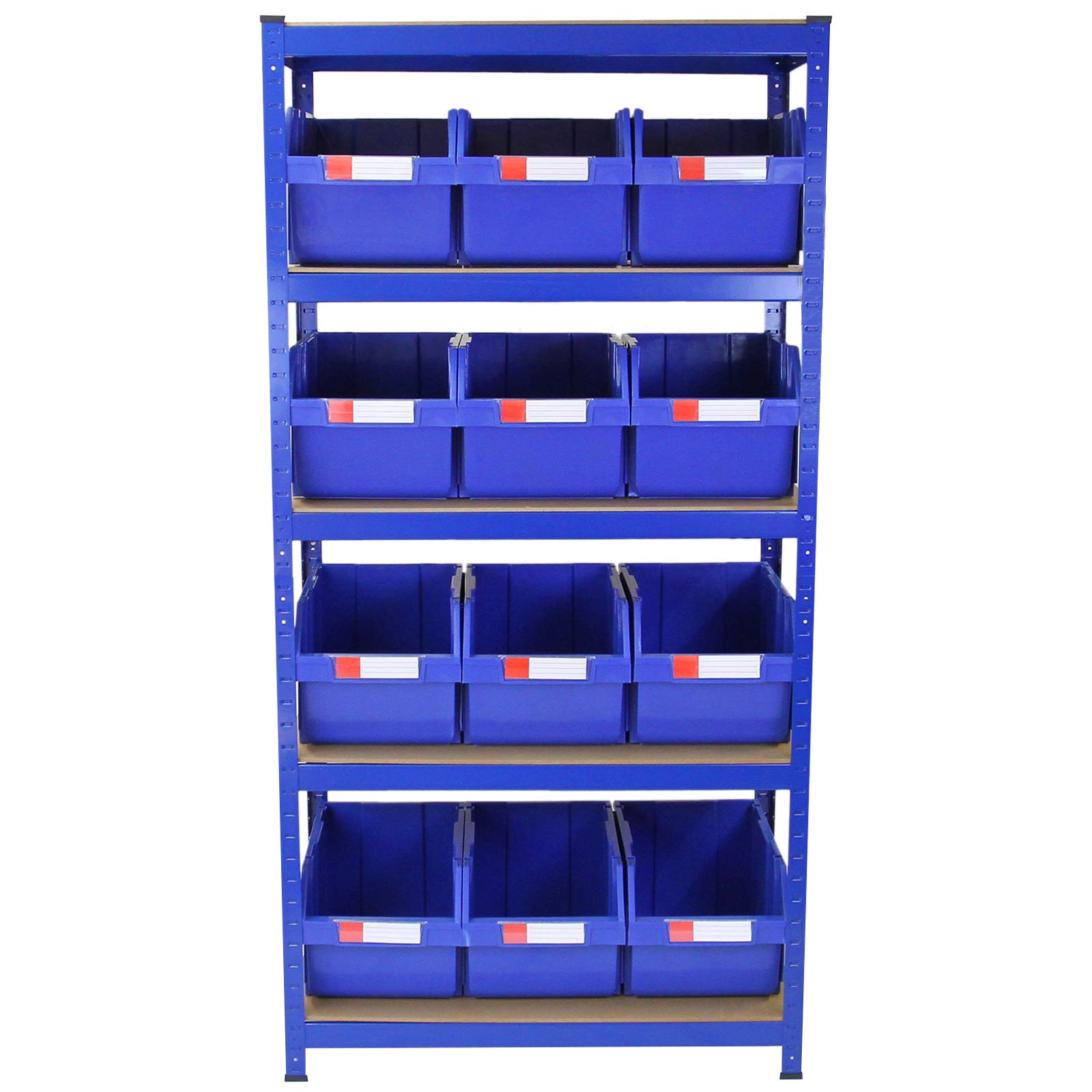 T-Rax 90cm Estantería Azul para Almacenamiento con 12 Organizadores de Piezas de Ferretería, Almacén y Taller Apilables Unidad de Estantería sin Tornillos