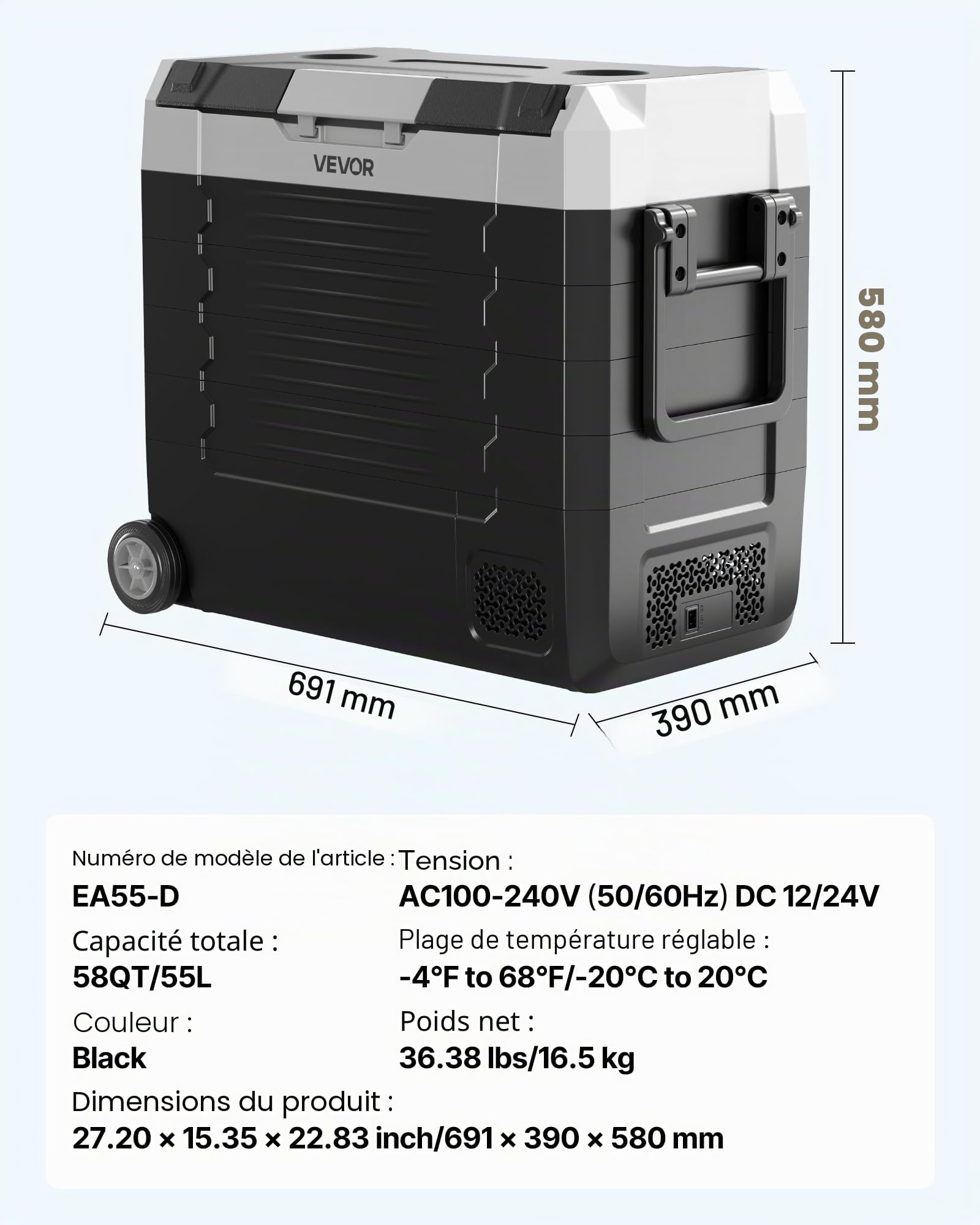 VEVOR Réfrigérateur Portable à Compression 55 L, Glacière Électrique DC 12/24 V et AC 100-240 V, pour Camping Pêche Caravane, Mini Frigo Voiture à Double Zone, -20 à 20 °C, Contrôle via Application