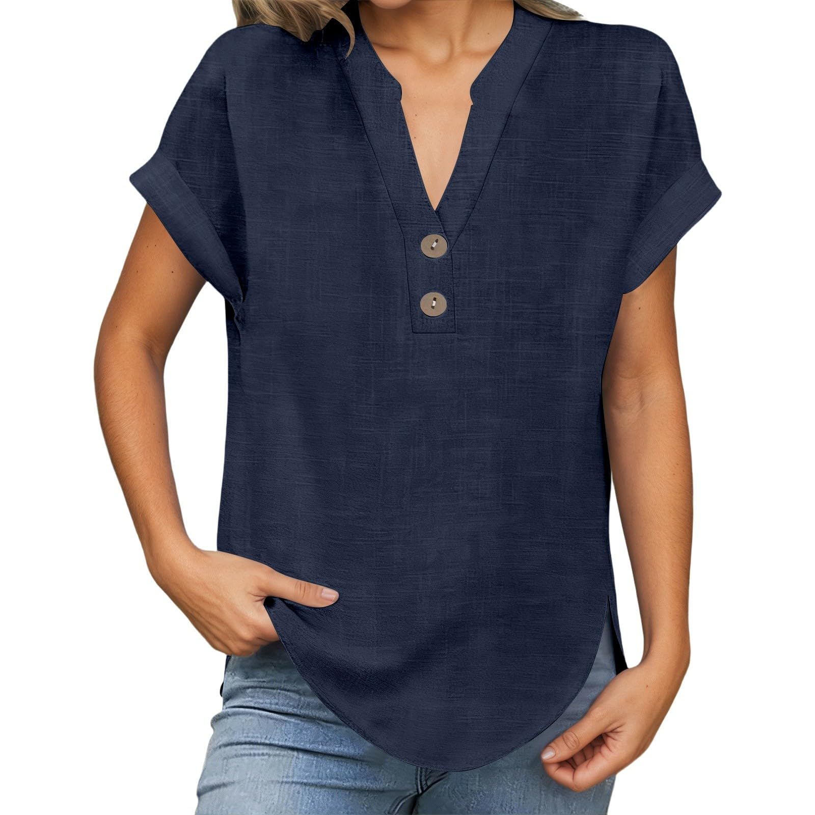 Camiseta de mujer algodón lino cuello V manga corta monocolor verano transpirable