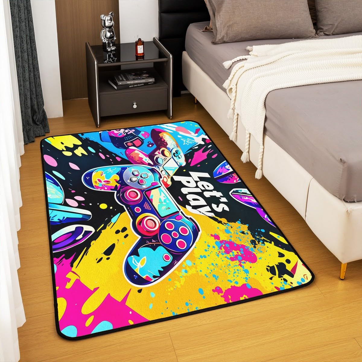 Loussiesd Dywan do salonu dla graczy, 100 x 150 cm, gamingowy dywan akcentujący dla chłopców, dziewcząt, nastolatków, nowoczesny kontroler konsoli do gier, mata podłogowa, joystick, czarno-żółta,