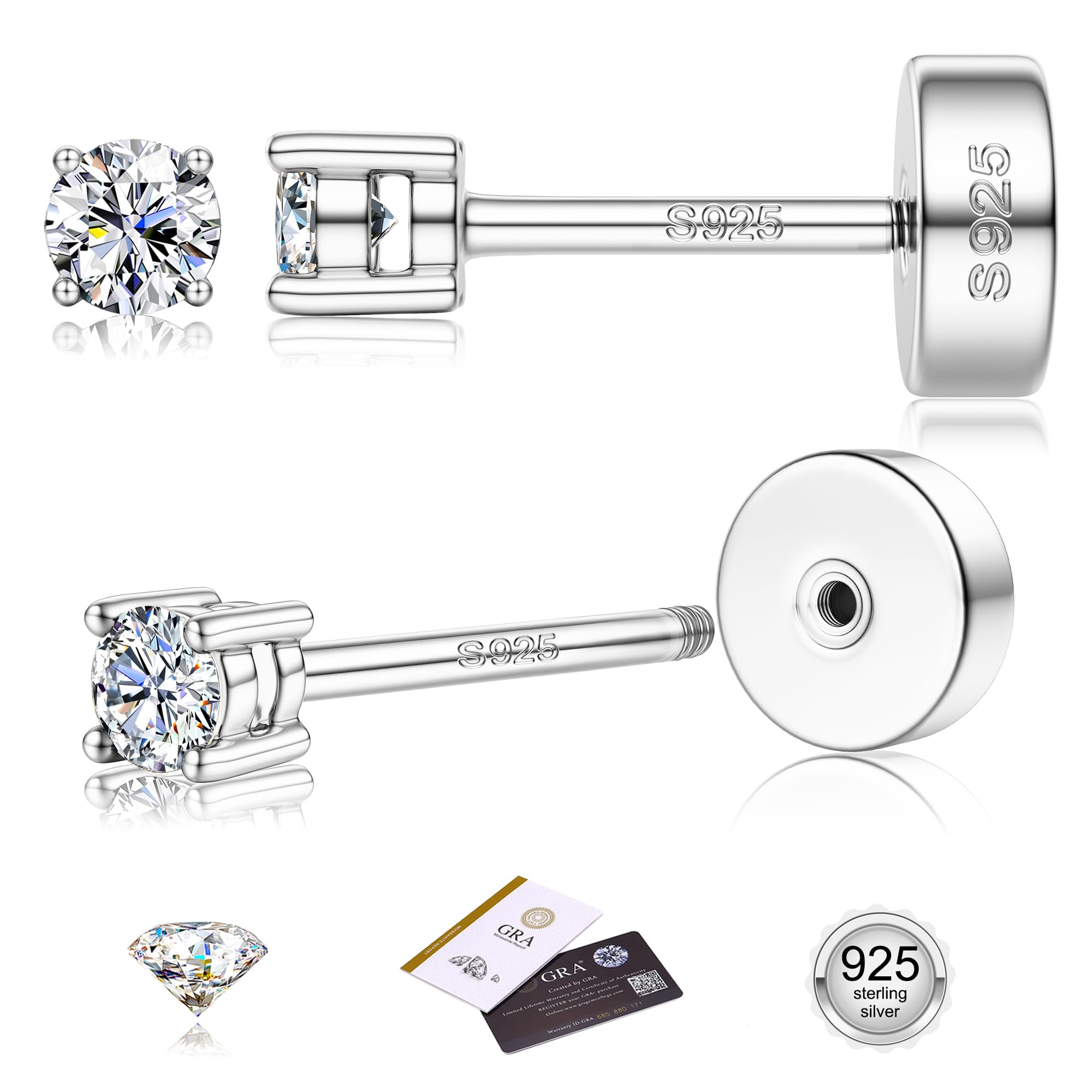 Moissanite Earrings for Men Women：Hypoallergenic Flat Back Earrings 925 Sterling Silver Stud Earring Small D Color VVS1 Moissanite 14K White Gold
