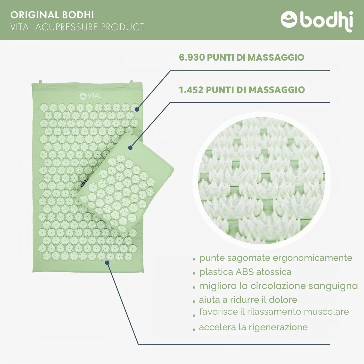 BODHI Set per agopressione Vital: tappetino per agopressione (74 x 44 cm) e cuscino per agopressione | con custodia | per auto-massaggio