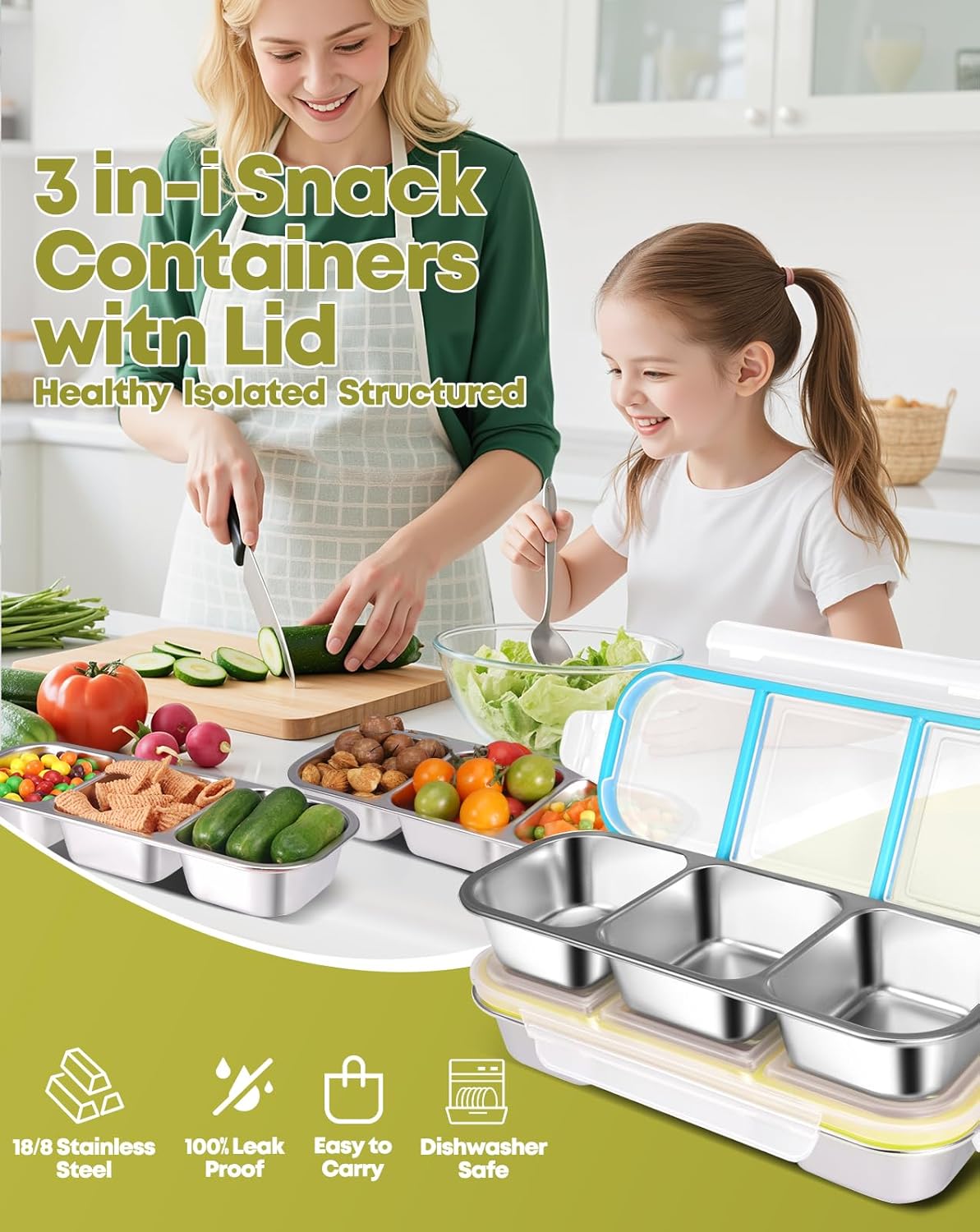 2Pack Stainless Steel Snack Containers for Kids Adults, Reusable 3 Compartment Snackle Box Container with Leakproof Lids Metal Bento Lunch Boxs Food Storage Containers for Travel Picnics Office School - Image 5