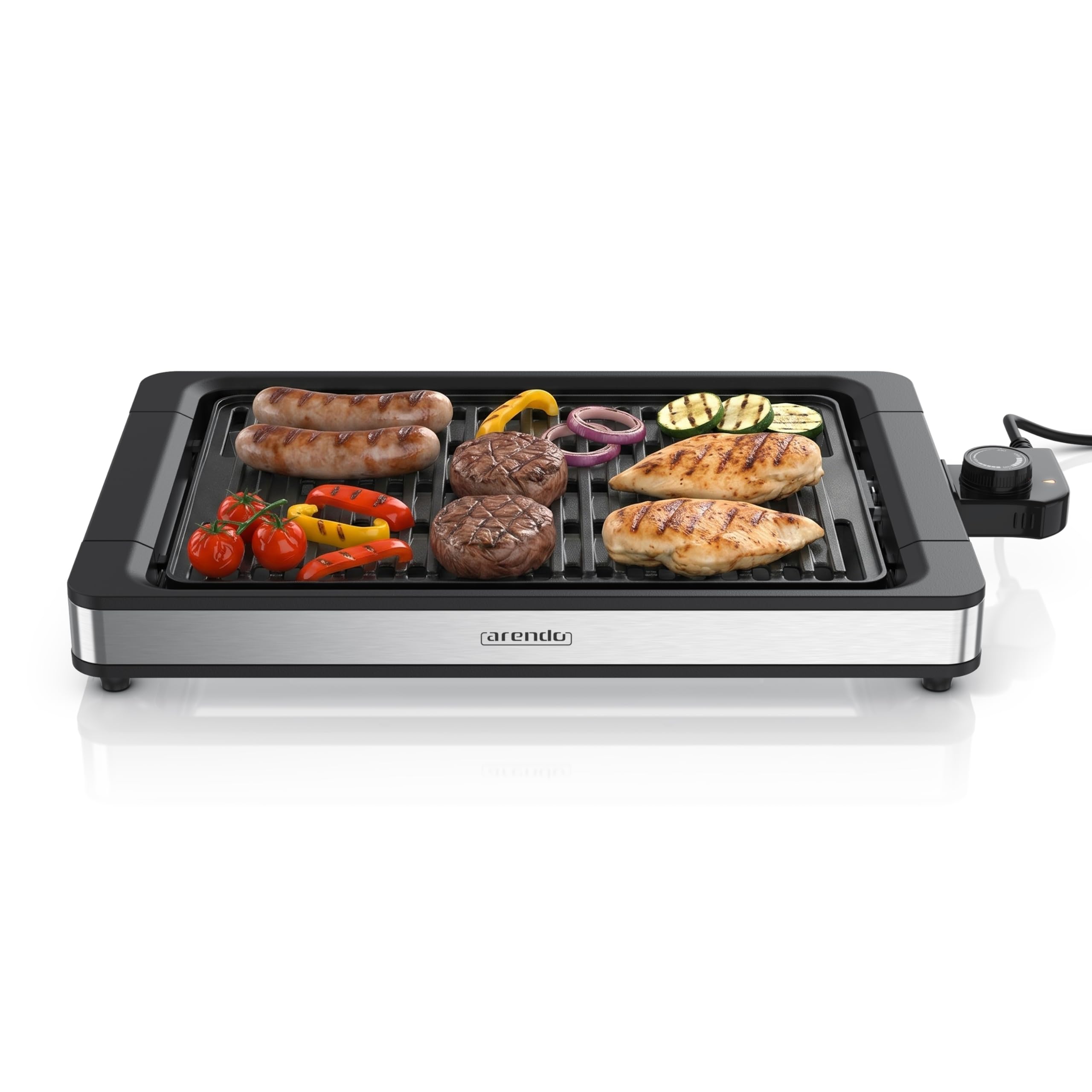 Arendo - Tischgrill Elektrogrill Edelstahl - bis 250 Grad - Steaks, Würstchen, Fisch, Meeresfrüchte, Gemüse, Pilze u.v.m. - für Balkon, Garten, Indoor - starke 1800 Watt - Antihaftbeschichtung