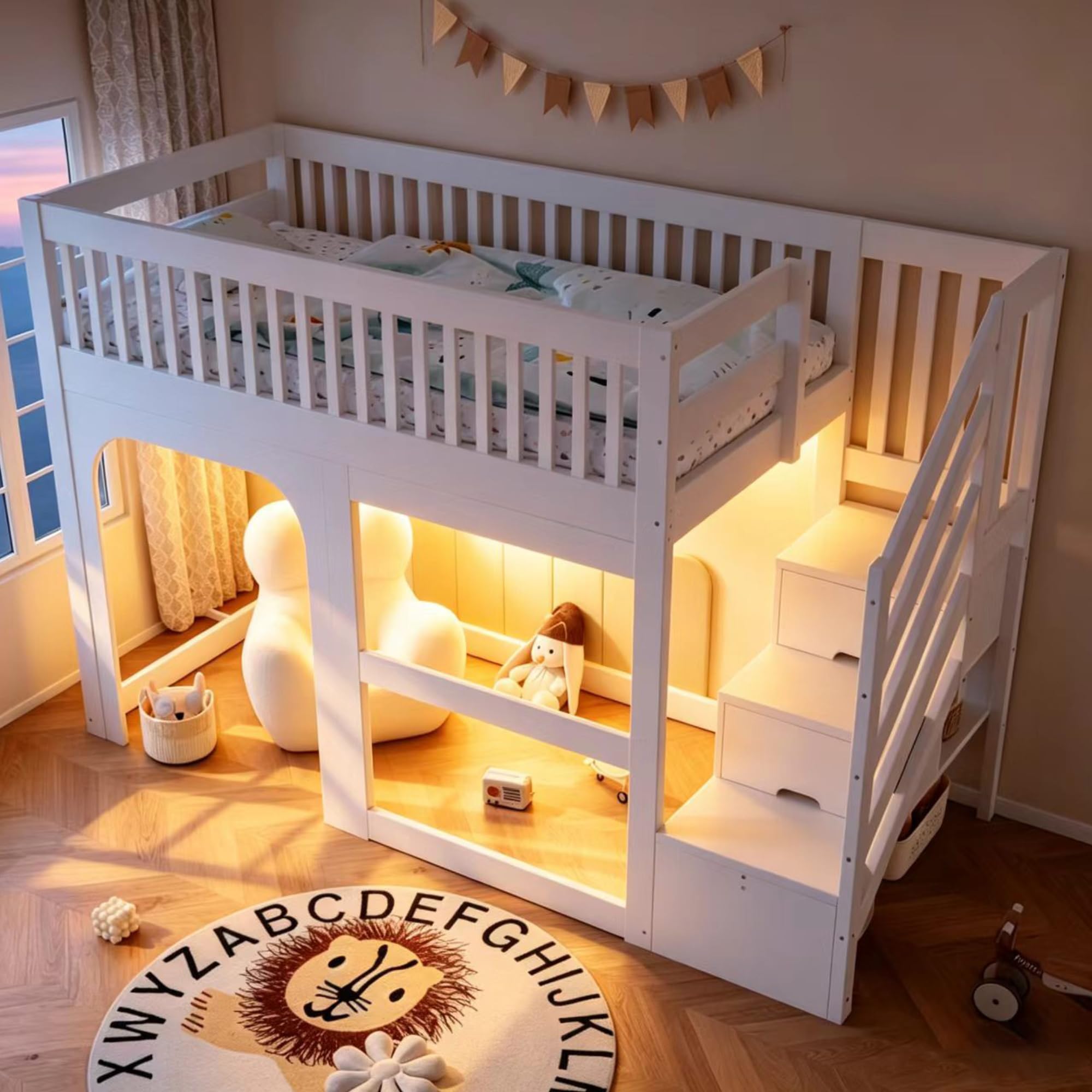 Cama alta infantil de 90 x 200 cm con aspecto de puerta y ventana, con escalera ascendente con espacio de almacenamiento, espacio de almacenamiento abierto debajo de la cama, equipada con iluminación