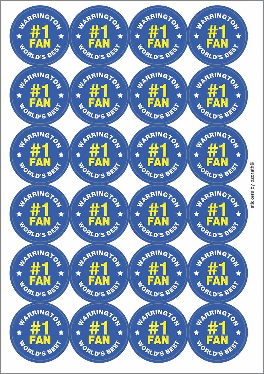 Warrington #1 Fan Circular Matt Paper Stickers A4 Sheet of 24 (Each Sticker is 45mm Diameter)