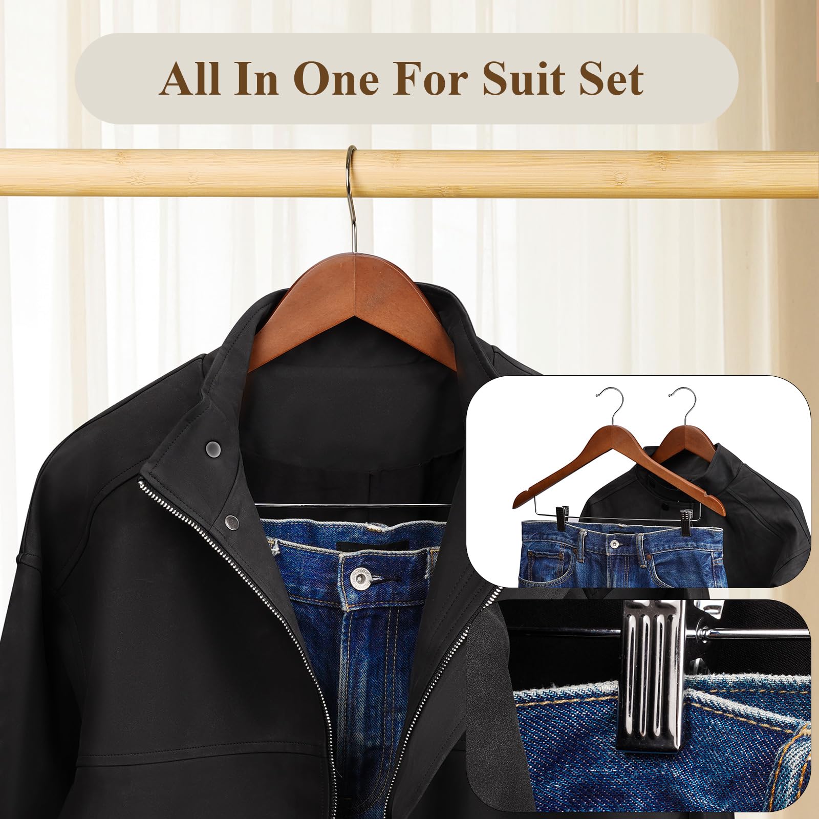 Kleiderbügel aus Holz mit Clips, 24 Stück, Hosenbügel aus Holz, Rockbügel mit Clips, verstellbar, strapazierfähig, für Hosen, Jeans, Hosen, Shorts (Walunt)