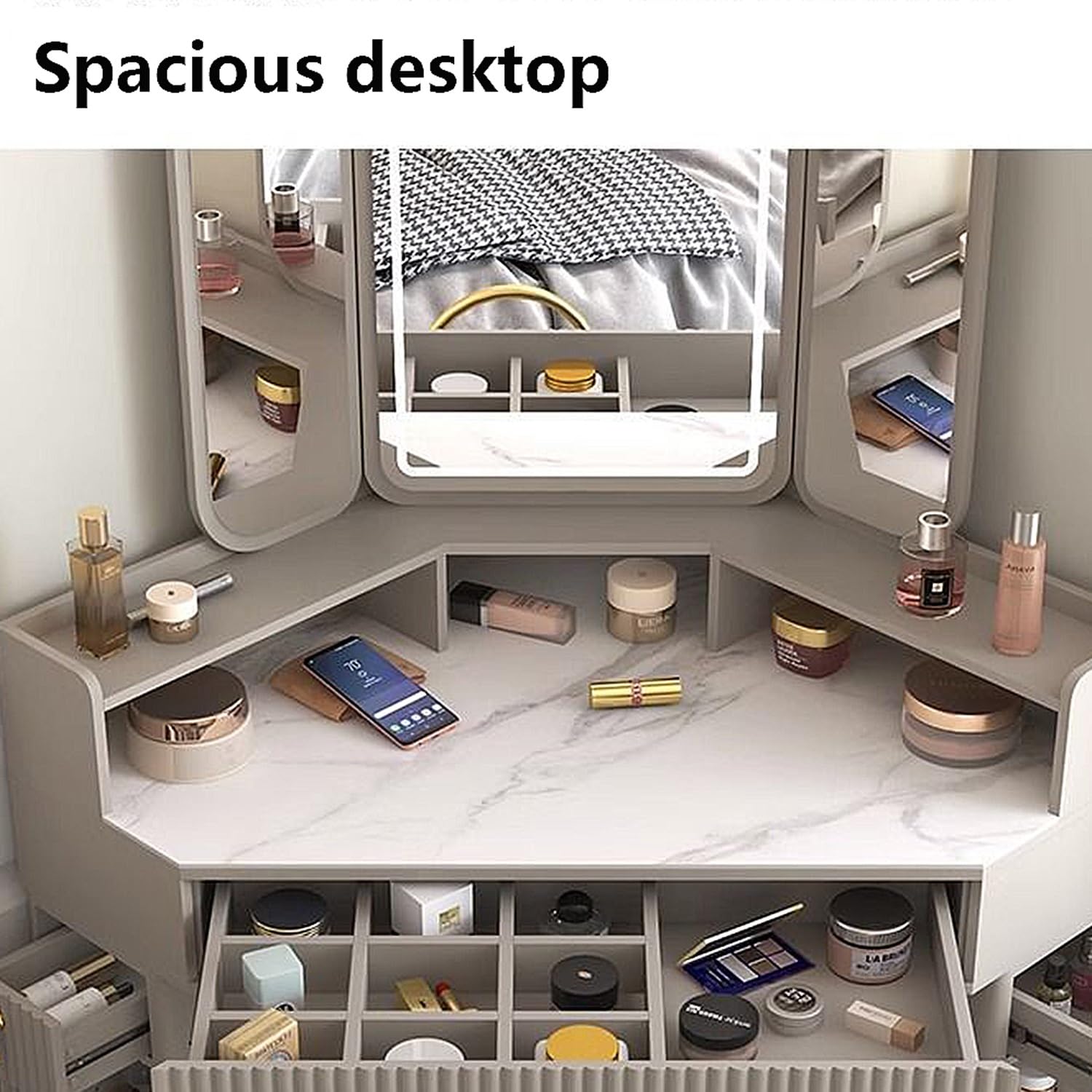 Amazon｜LEDミラー付きコーナー化粧台デスク、3つのスライド