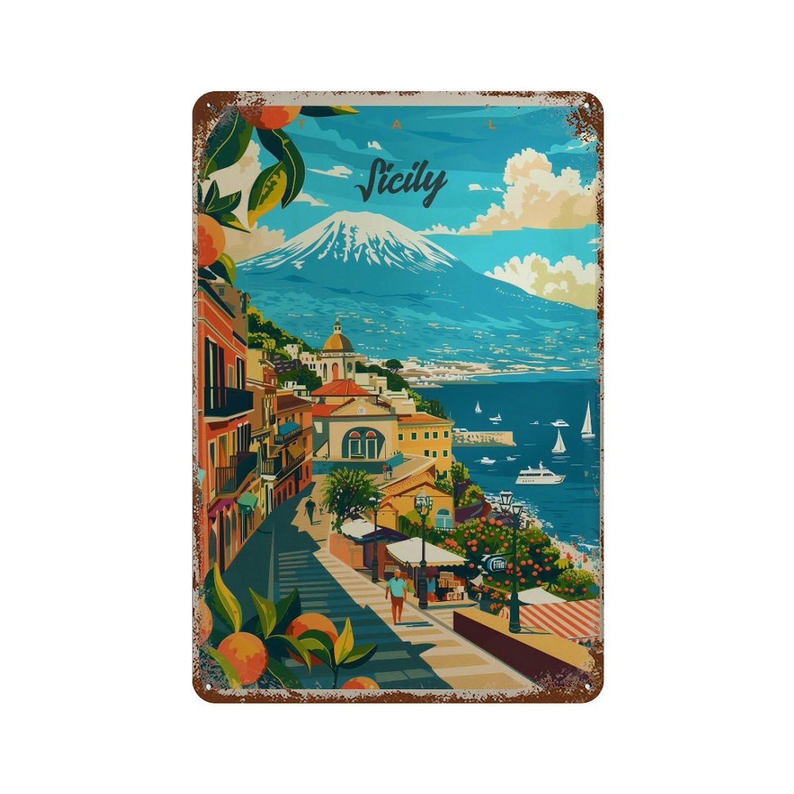 xiaoxiaoshen Sicily Travel Mount Etna & Taormina Wall Decor Art Metal Tin Poster Modern Home Decor Art Home Bar Shop Decorations Vintage Sign 30x20cm