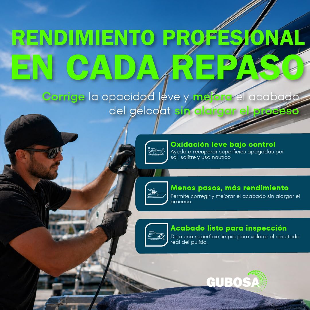 Pulimento nautico corte rapido gelcoat eliminador de oxido metal quita oxido abrillantador barco para pulidora restaurador pintura nautica cascos cubiertas kit botella 1L + pad 180mm | GUBOSA