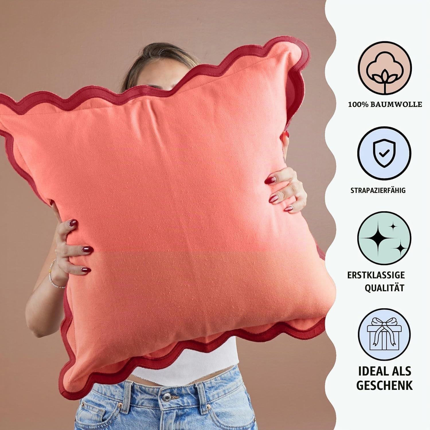 Folkulture Deko-Kissenbezüge mit Bogenkante, Akzentkissen, weihnactliches Design, für Couchkissen, Wohnzimmer, Rot, ca. 50 x 50 cm, 2 Stück