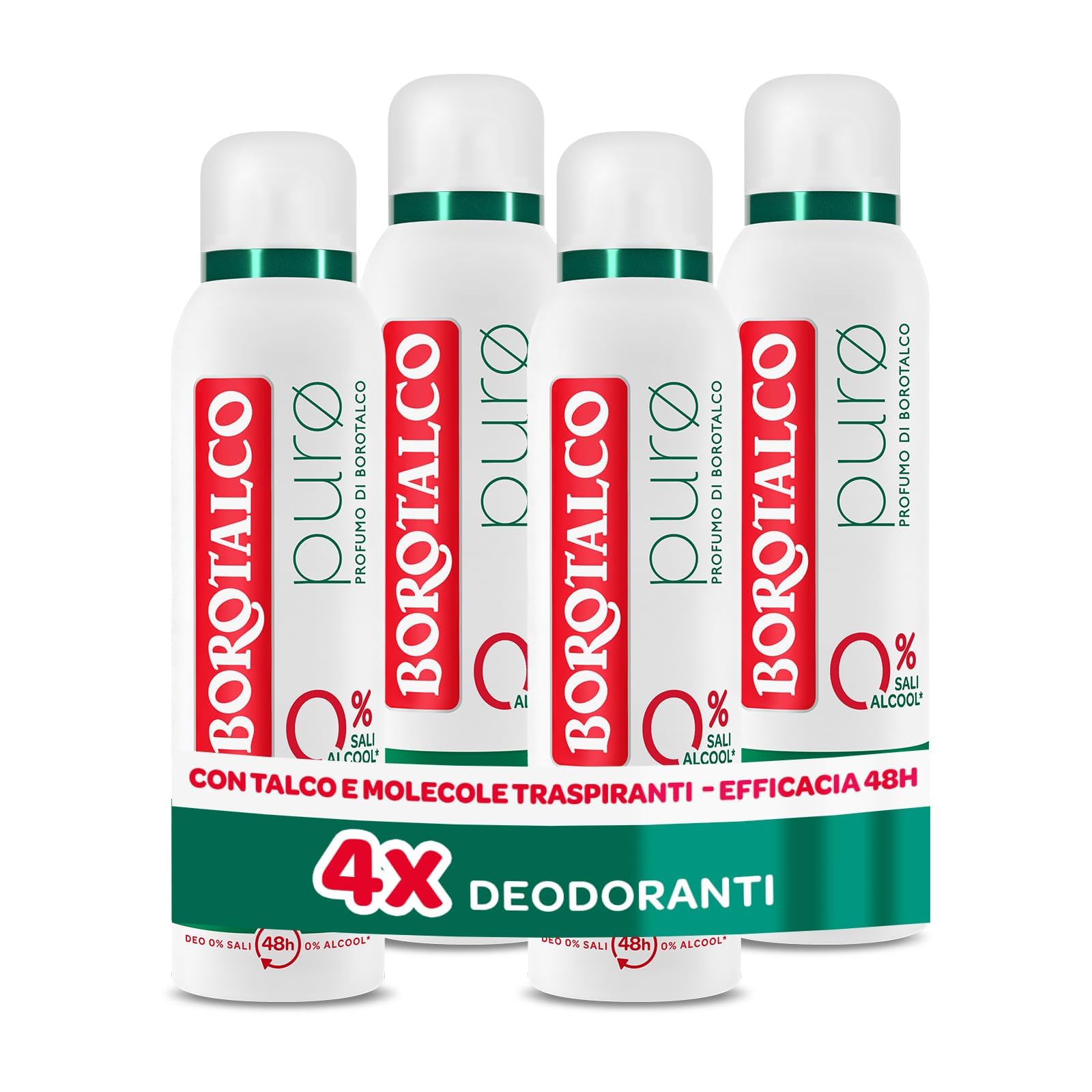 Borotalco, Deodorante Spray Puro, con Talco con Molecole Traspiranti, Formula Senza Alcool e Sali di Alluminio, Asciutto Anti-Odori, 48h di Efficacia, Profumo di Borotalco, 4 x 150 ml