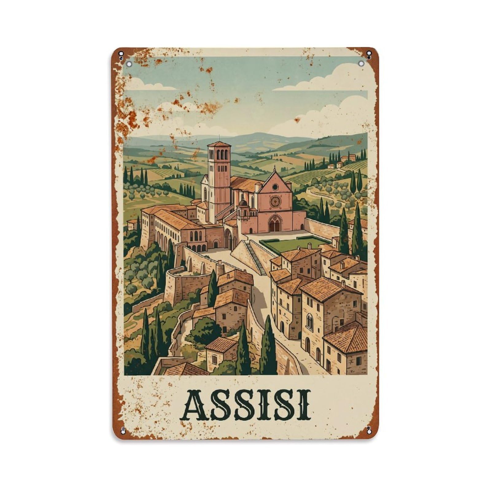 Vintage Travel Assisi Italy Metal Tin Sign Wall Decor for Cafe, Club, Garden Metal Poster 8x12Inch