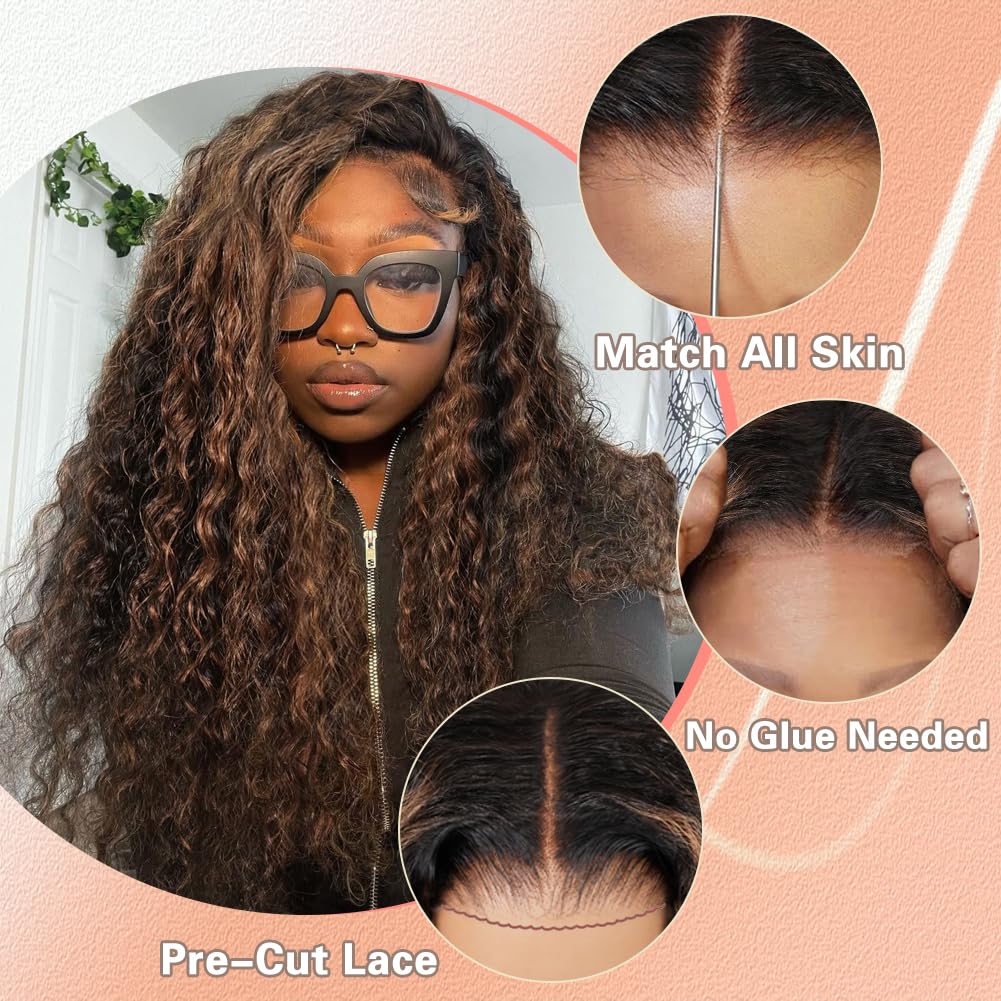 7x5 Balayage Highlight Lace Front Wig Human Hair Pre Plucked Pre Cut HD Lace Glueless Wigs 200% Density Deep Wave Lace Front Wigs Human Hair 26 Inch Ombre FB/30 Wear Go Drawstring Wig for Women