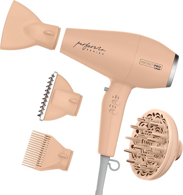 Sèche-cheveux de la série Performa INFINITIPRO PAR CONAIR avec diffuseur et 3 autres accessoires | Sèche-cheveux avec moteur de performance professionnelle | Rose blush | Idéal pour le voyage