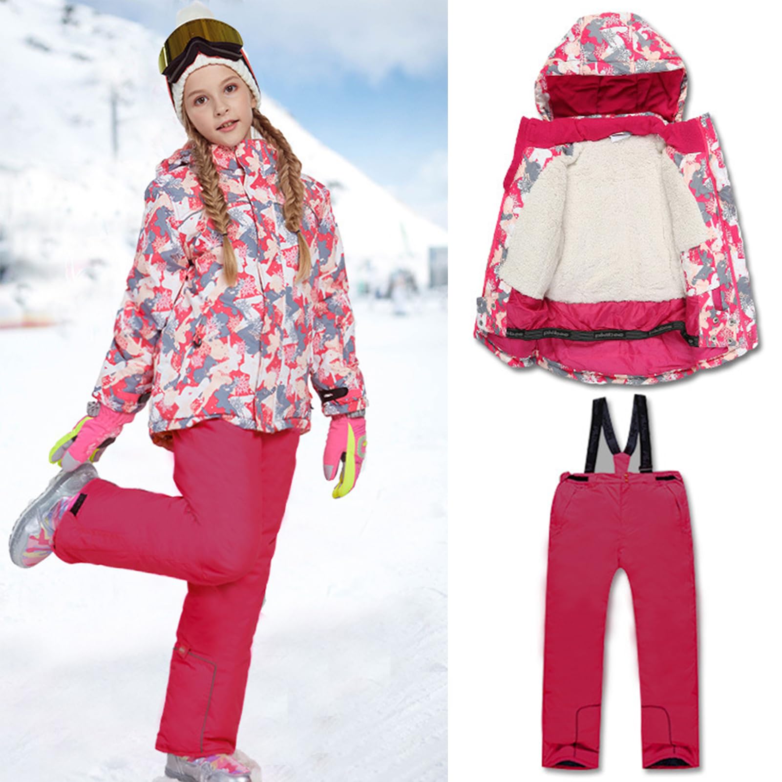 Combinaisons de Neige Enfant Fille à Capuche Coupe-vent et Imperméable Combinaison de Ski Garçon en Polaire Chaude Vêtements de Ski