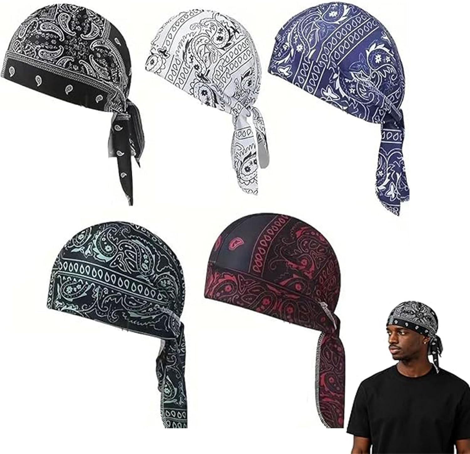 5PCS Paisley Cooling Headscarf Cap Set,Breathable Sweat Wicking Durag,Pirate Sweat Style Headscarf Cap for Men Running Cycling Motorcycle Outdoor Activities Multi