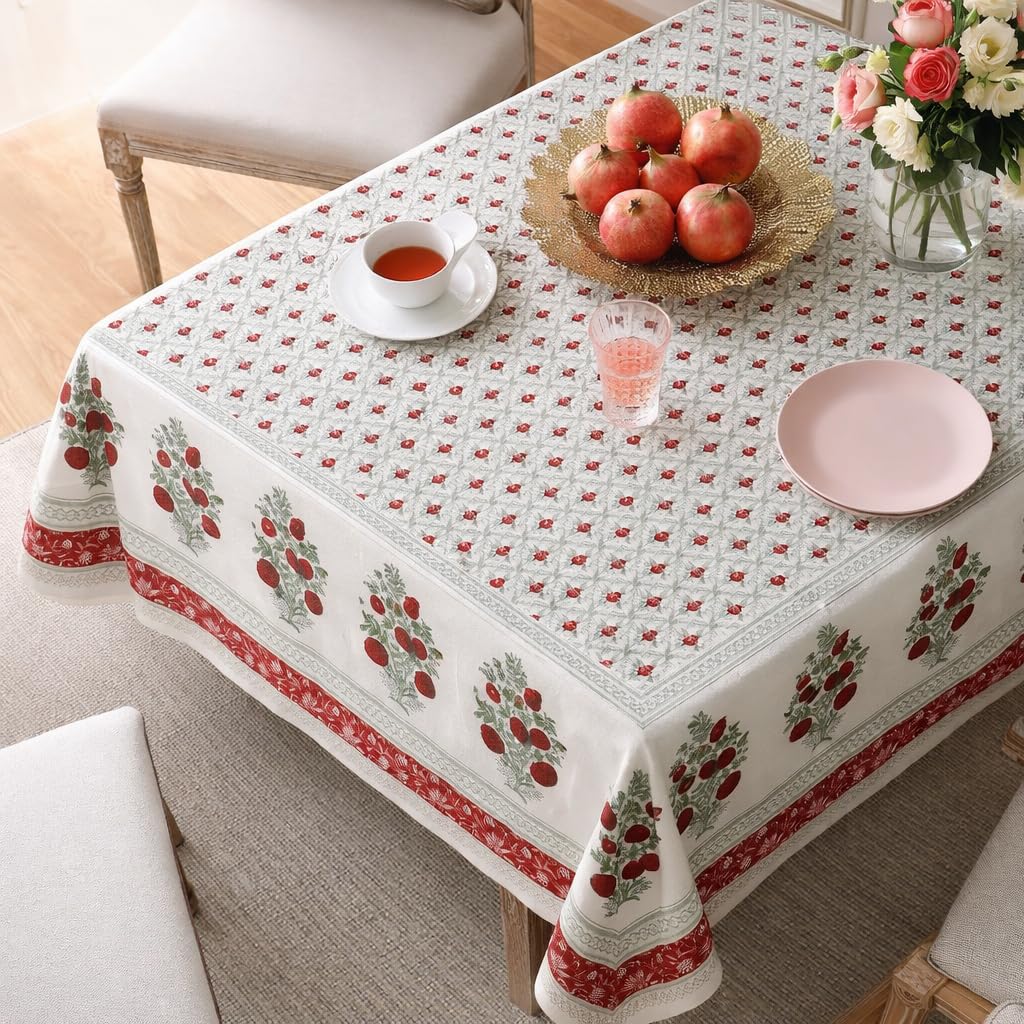 elanorhomes 100% Cotton Dining Table Cover 6 Seater (60x90 Inch) | Hand Block Printed Jaipuri Table Cloth | Washable Rectangular Table Cover for 4 & 6 Seater | Ethnic Floral (Rose Aurelia)-image-6