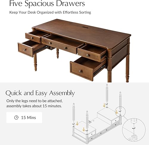 Miniatura 6 de HULALA HOME Escritorio para computadora estriado de 55 pulgadas con estación de carga, escritorio de escritura con 5 cajones, escritorio de madera