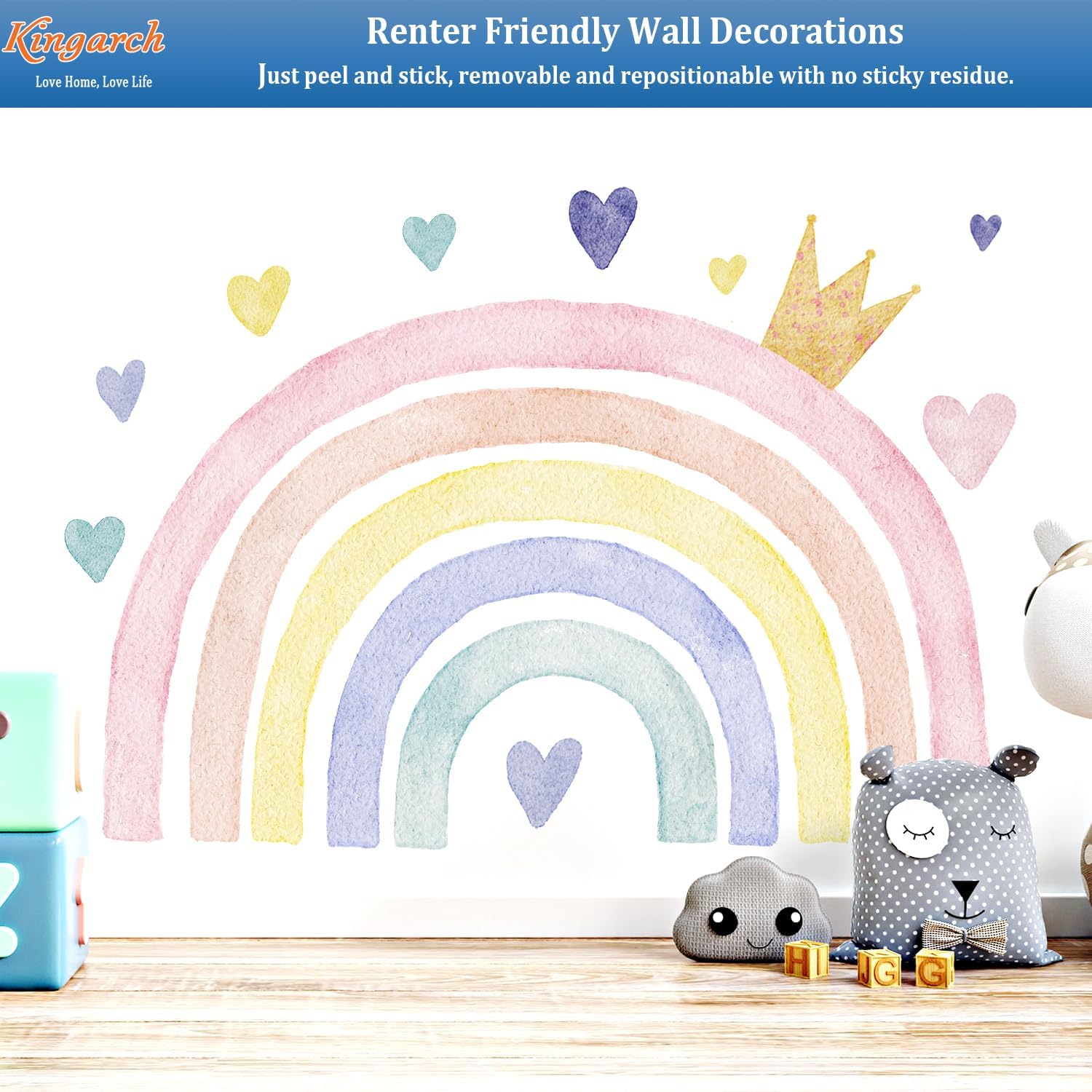 Large Watercolor Rainbow Wall Decals, Boho Queen Peel and Stick Fabric Nursery Wall Decor, Removable Home Room Wall Decor Murals Stickers for Kids Girls Toddler Bedroom Living Room Playroom