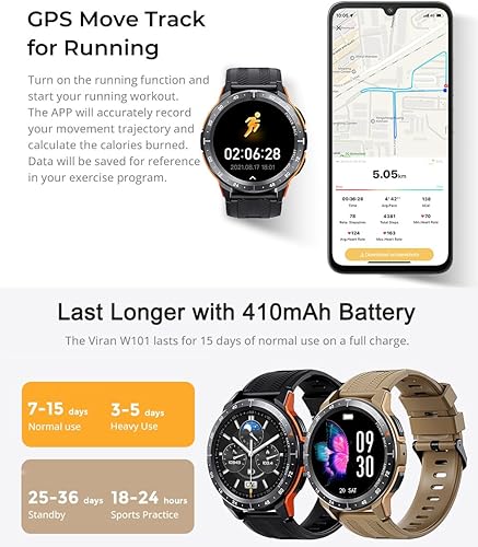 Miniatura 8 de VIRAN Reloj inteligente W101 para hombres y mujeres, AMOLED Ultra-HD de 1.43 pulgadas, resistente al agua, reloj inteligente militar de 32.8 ft para