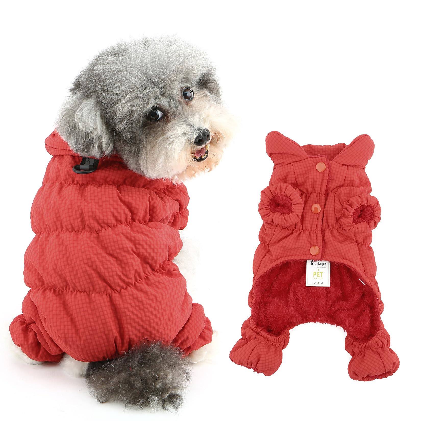 Ranphy Waterproof Plaid Winter Coat Jumpsuit for Small Dog Padded Fleece Lined Puppy Snow Jacket Full Cover Snowsuit with Legs Yorkie Chihuahua Cold Weather Clothes Leash Ring Cat Clothing,Red,S