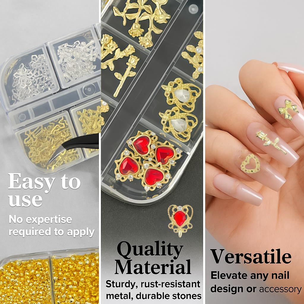 Juego de dijes y gemas doradas para uñas, 4 cajas de gemas para uñas, herramientas de arte de uñas, dijes de cruz 3D, diamantes de imitación de corazón para suministros de uñas, dijes para 4