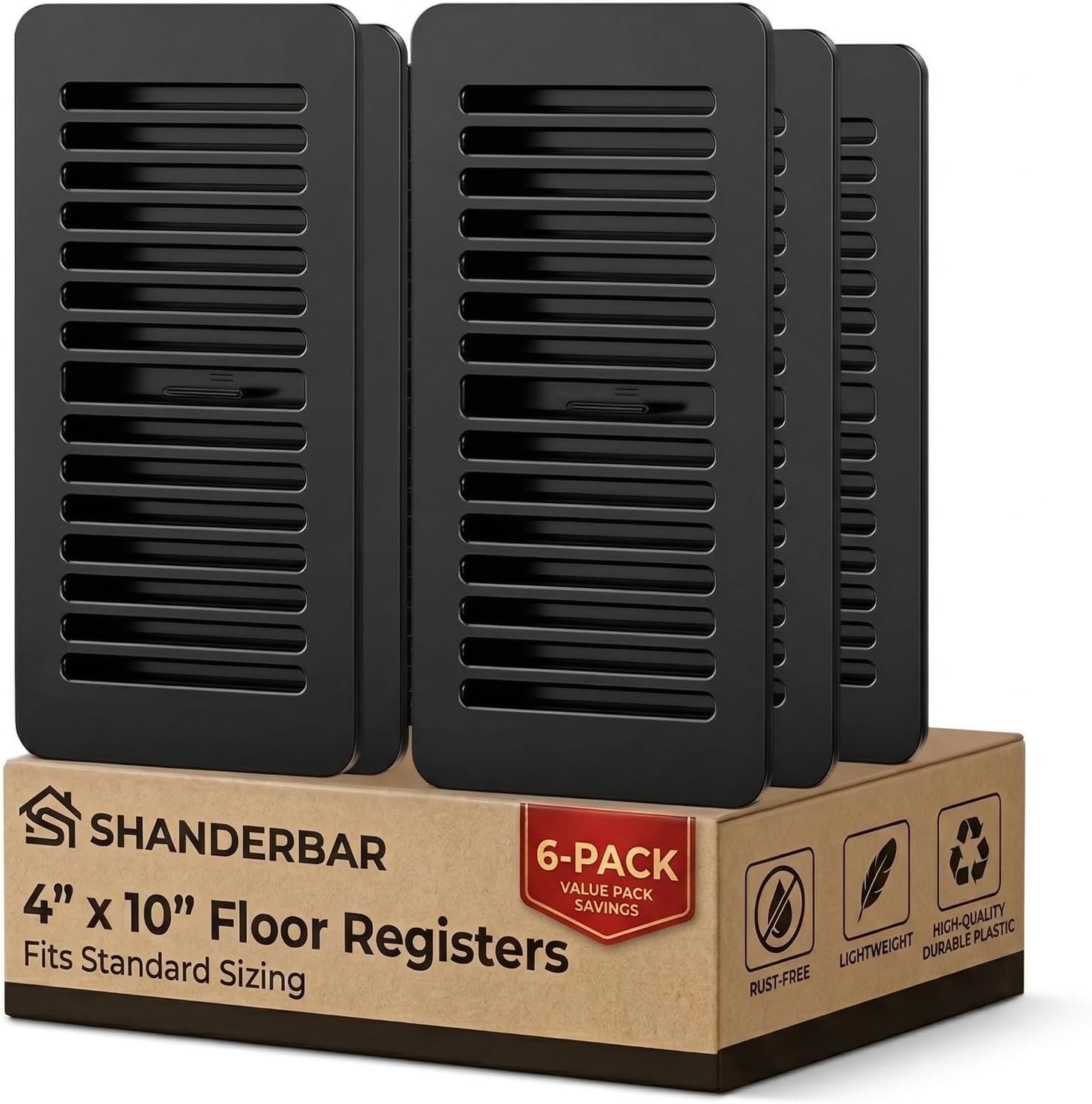 6 Pack 4 x10 Floor Registers, Plastic Vent Cover Black Floor Register Vents, Adjustable Decor Grates for Home or Office Sidewall Ceiling Floor Air Vent Covers