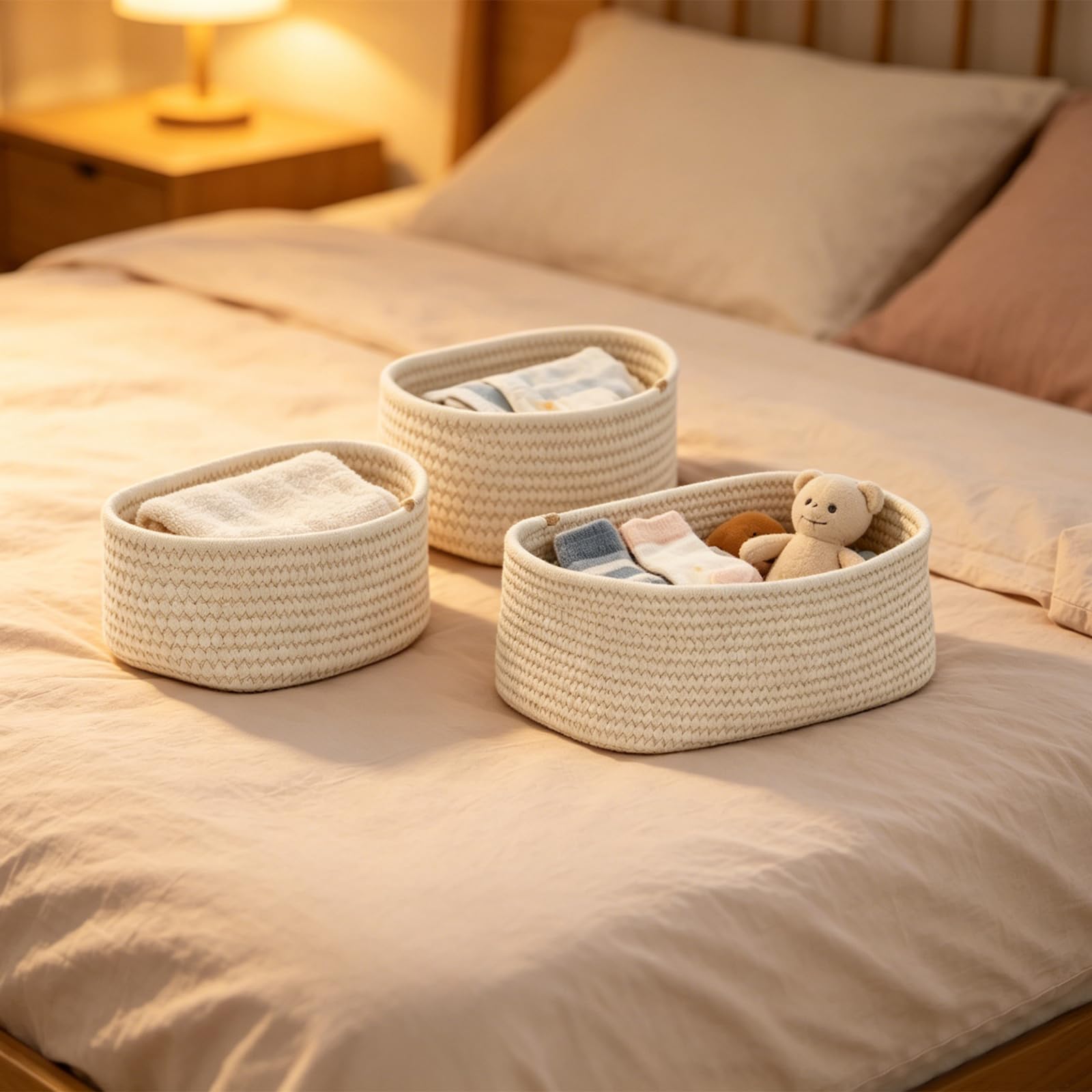 Cozary Cestini Portaoggetti Intrecciato, Impilabile Scatola Di Immagazzinaggio In Corda Di Cotone, Organizer,Ecorazione Cestini Stoccaggio Per Bagno Cameretta Salotto Ufficio, 3 Pezzi