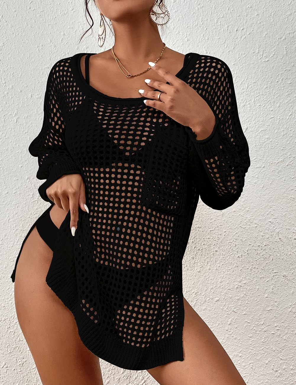 Bsubseach Crochet Cover Up for Swimwear Women Pool Swimsuit Coverup Long Sleeve Beach Knit Tops