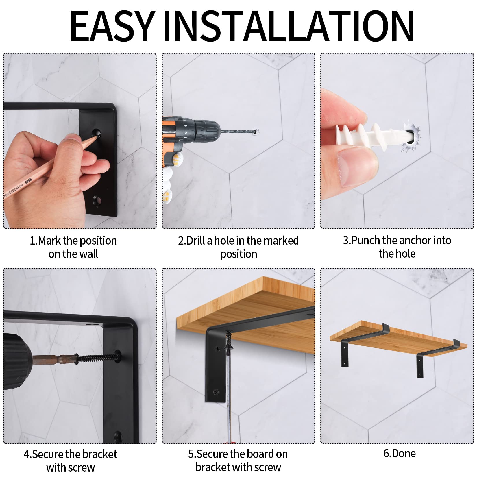 Floating Shelf Bracket Heavy Duty 250mm/ 10Inch Scaffold Board Shelf Brackets 4 Pack Black Metal Shelf Support Wall Mounted Shelving L Bracket For Shelves