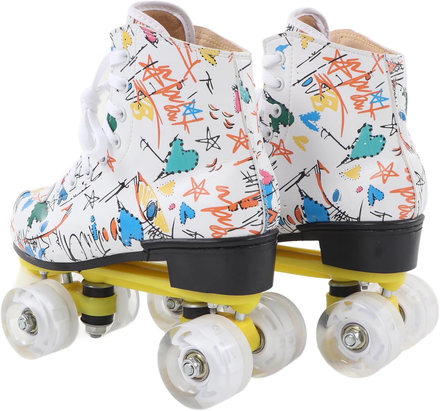 Roller Skates, Double Row, 4 Wheel Roller Skates, White Graffiti Roller Skates, Skating Shoes for Children and Adults