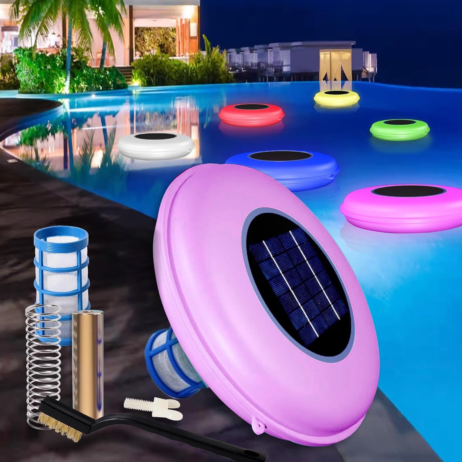 Solarny odkurzacz basenowy i pływające światło LED RGB, solarny jonizator basenowy z automatycznym przełączaniem, 7-kolorowe światło nocne LED, czyszczenie o 85% mniej chloru, do 35 000 galonów