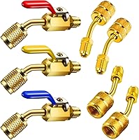 Mudder 7-Pc HVAC Ball Valve Kit: 1/4" Compact Angled Valves & 5/16" to 1/4" Adapters for R410A R134A R22 R12 - Gold Brass