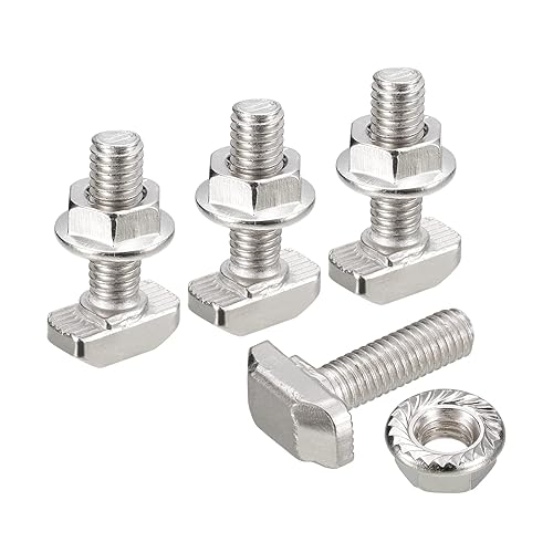 uxcell M6x20mm T Ranura Drop-in Bolt y M6 Juego de tuercas hexagonales M6 de brida hexagonal, 10 juegos de tornillos deslizantes en forma de T de