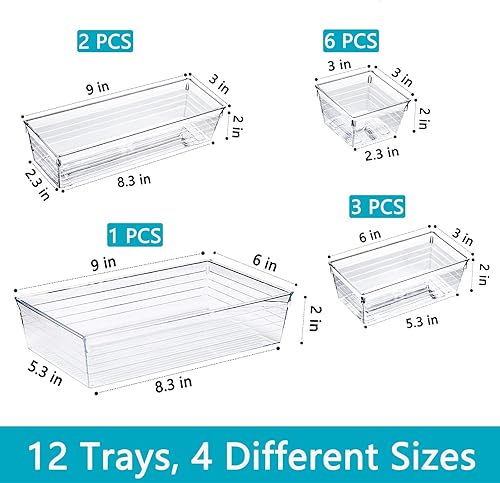 Miniatura 6 de Juego de 12 organizadores de cajones de plástico transparente, 4 tamaños, organizador de maquillaje, organizador de tocador para maquillaje,