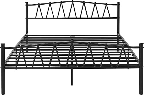 Miniatura 9 de VECELO Marco de cama de tamaño matrimonial con plataforma de metal con cabecero, estribo, base de colchón, almacenamiento debajo de la cama, no