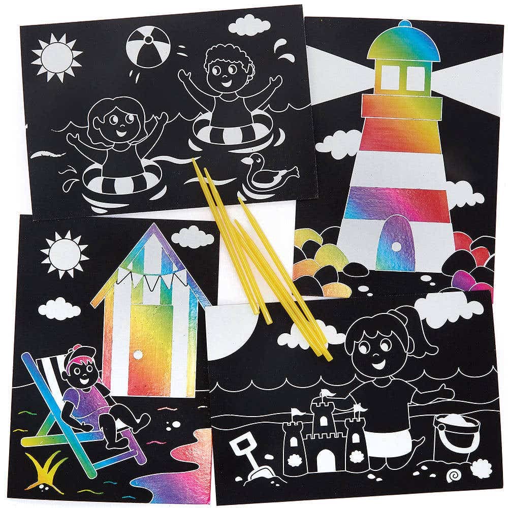 Baker Ross FC783 Seaside Scratch Art Pictures - Pack of 8, Scratch Crafts for Kids, Kids Scratch Pictures, Black