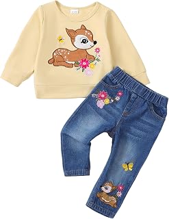 Kucnuzki Toddler Girl Clothes Fall Winter Sweatshirt Denim Jeans Outfit | Fall Winter Clothing Set, Long Sleeve Crewneck Sweatshirt, Denim Jeans For Baby And Toddler Girls 6-12 Months To 4-5T.
