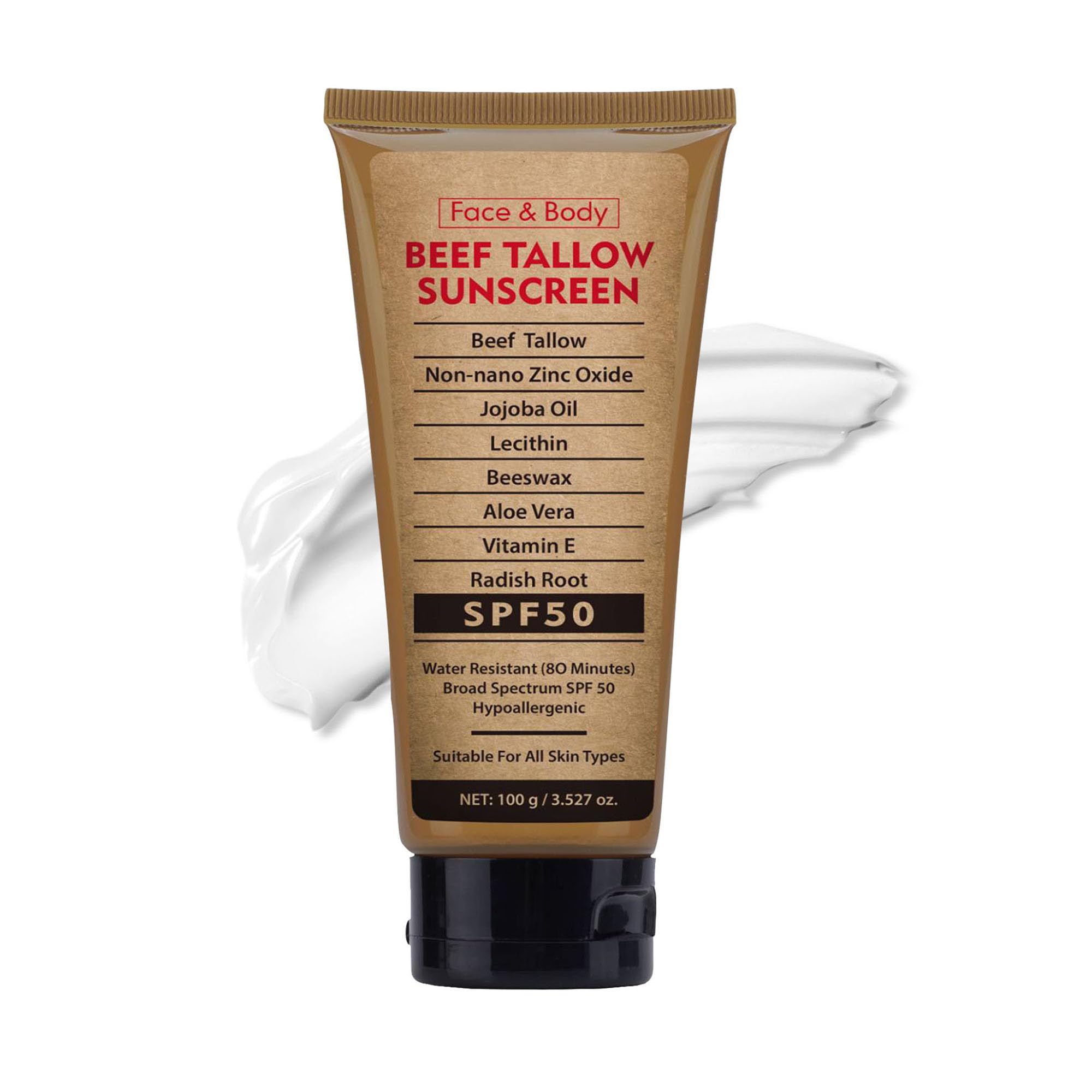 Beef Tallow Sunscreen for Face Body,Tallow Sunscreen SPF 50 Water-Resistant for Summer Outdoor Travel 3.52 OZ