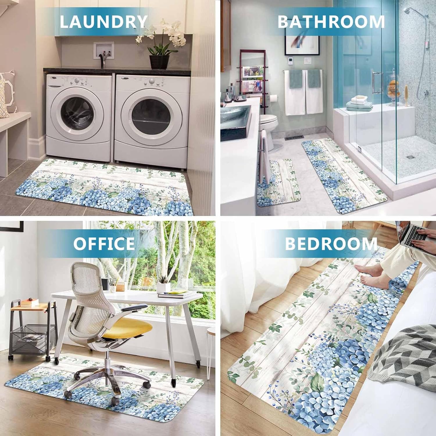 Blue Hydrangea Kitchen Mat Set 2 Pieces Watercolor Spring Blue Floral Eucalyptus Leaf White Wood Grain Non Slip Kitchen Rugs Washable Runner Rug Mats for Sink Laundry 19.7" x 31.5"+19.7" x 63"