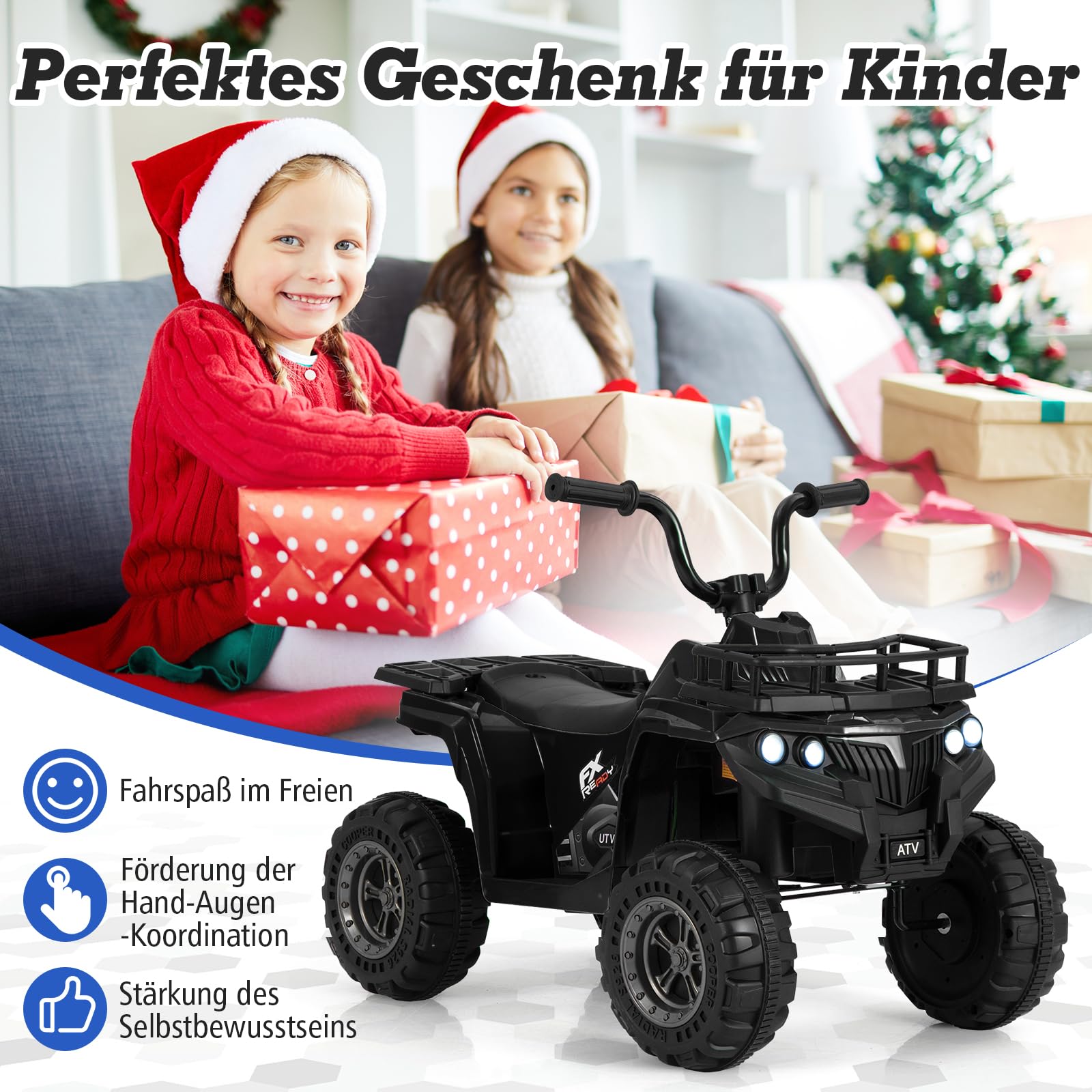 GOPLUS Quad elektryczny dla dzieci 6 V, dla dzieci Ride-On ATV z uruchamianiem jednym przyciskiem, odtwarzacz MP3, reflektory LED i kosz do przechowywania, samochód elektryczny dla chłopców i