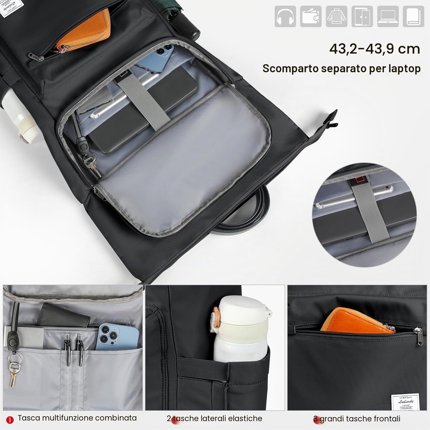Lubardy Zaino Porta PC 17 Pollici per Uomo e Donna Zaino da Viaggio | con Foro USB, Scomparto per Laptop e Cinghie per Bagagli, per Università, Lavoro, Escursioni