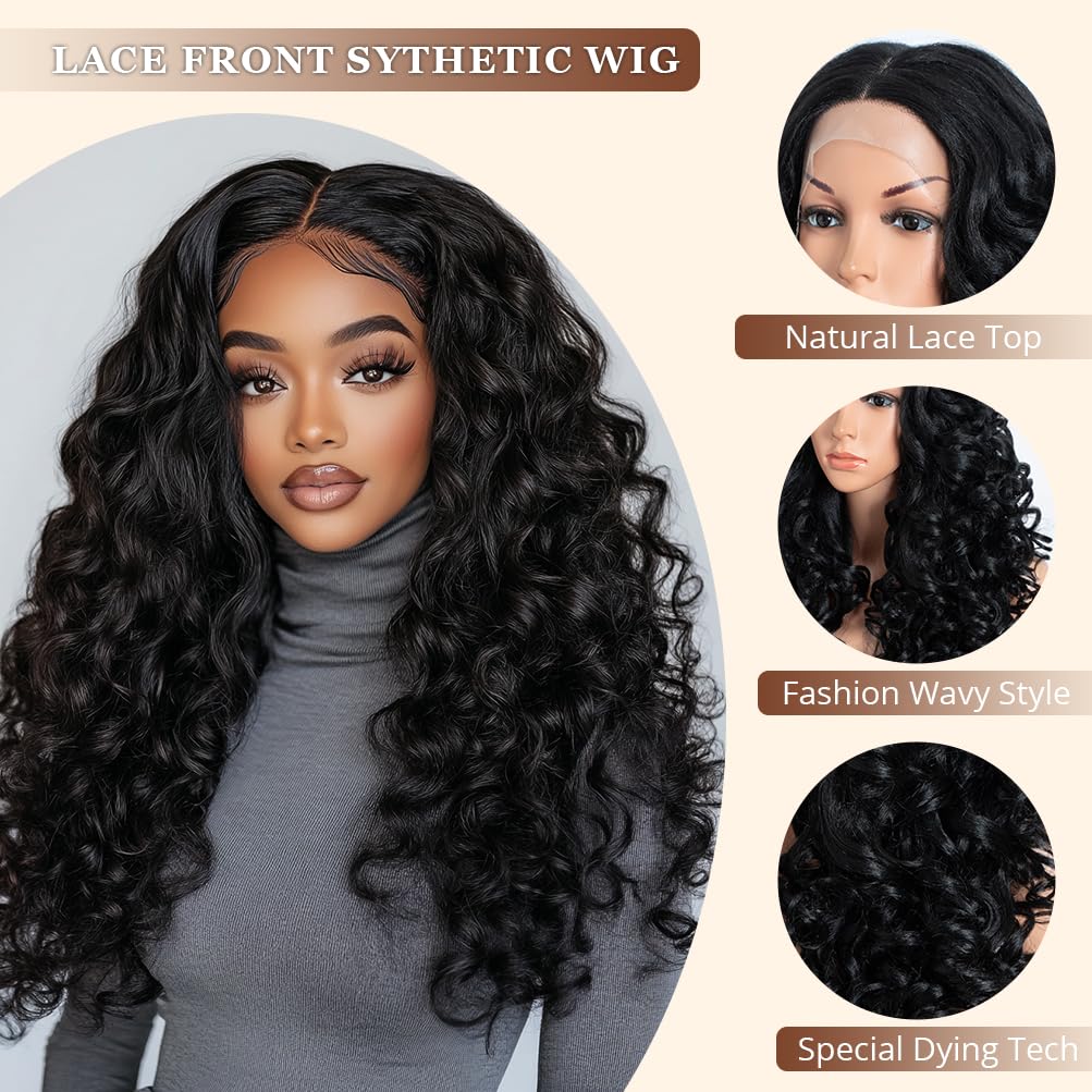 Style Icon 20” Big Curl Wavy Wigs Lace Front Black Wig with Baby Hair Large Afro Curl Wig
