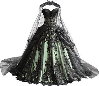 Gothic Weeding Dresses for Brides Black Lace Applique Bridal Dresses Embroidery Tiered Tulle Wedding Gown with Cape